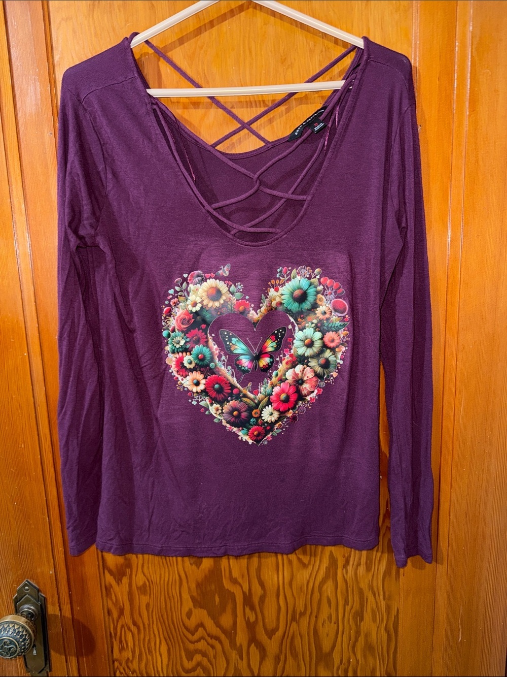 Women’s Purple Crisscross Long-Sleeve Top with Floral Heart Graphic